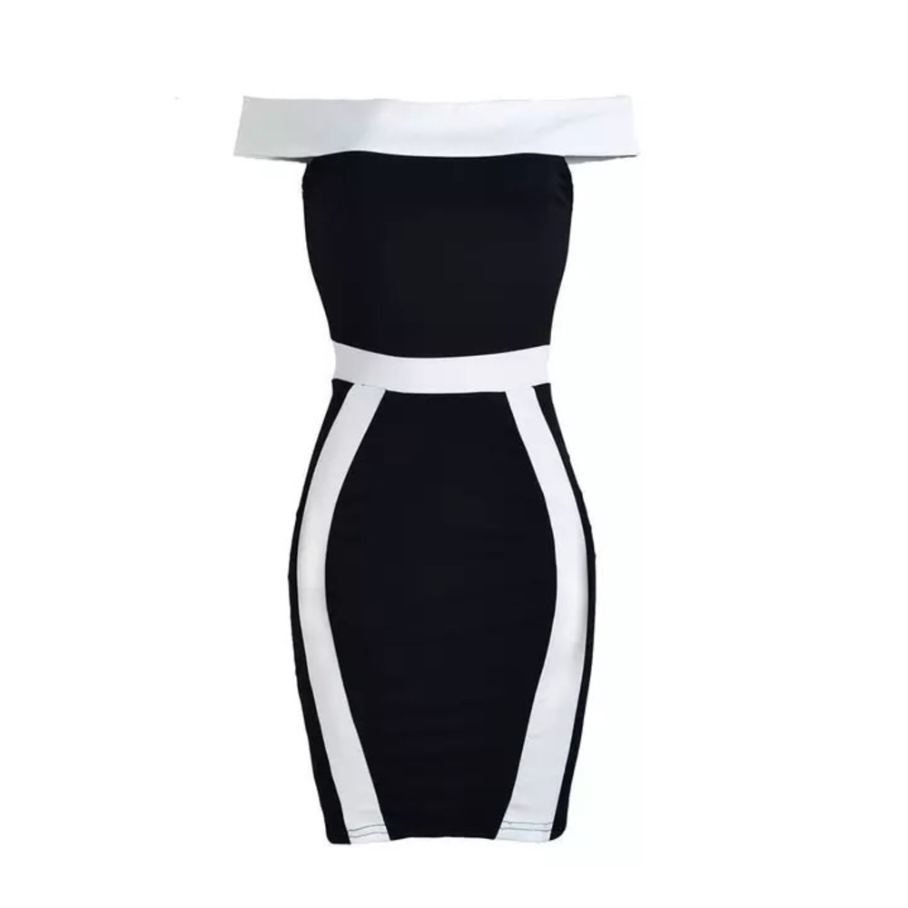 Black Bodycon White Slash Neck Off Shoulder Dress - Picture 2 of 8